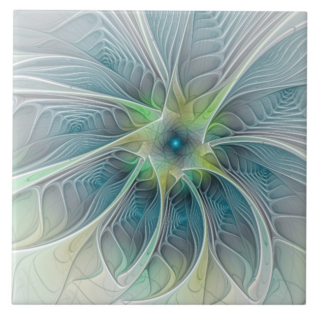 Azulejo Fantasía Flor Fractal Verde Azul (Frente)