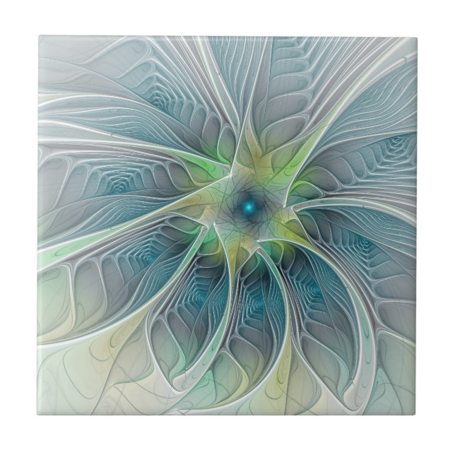 Azulejo Fantasía Flor Fractal Verde Azul (Frente)