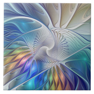Azulejo Fantasía floral, flor fractal abstracta colorida