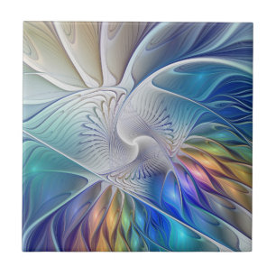 Azulejo Fantasía floral, flor fractal abstracta colorida