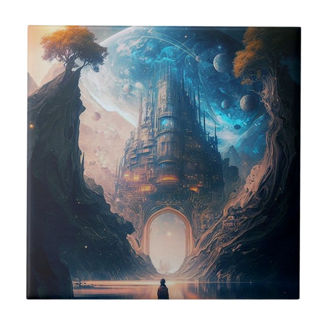 Azulejo Fantasía Futurista Castillo Paisaje Cerámica Tile (Frente)