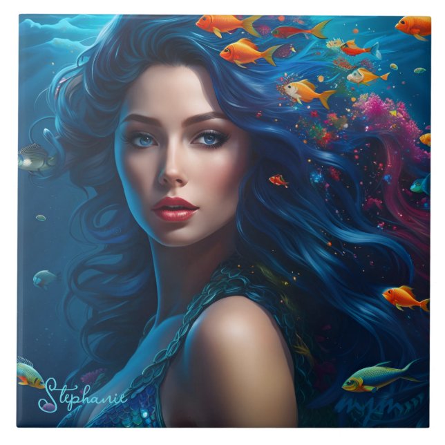Azulejo Fantasía Hermosa Sirena Azul (Frente)