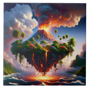 Azulejo Fantasía Isla Cuta Con Volcán