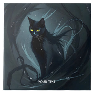 Azulejo Fantasía lindo gato noche negro