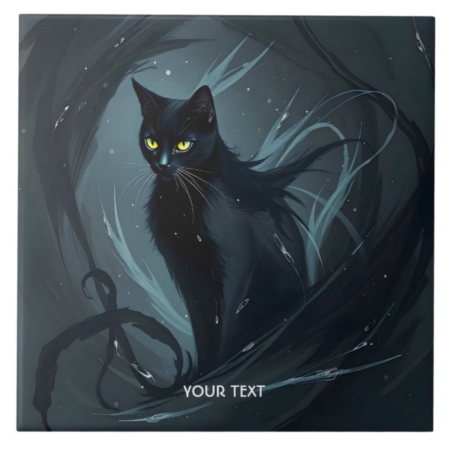 Azulejo Fantasía lindo gato noche negro (Frente)