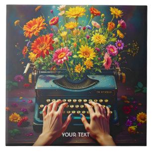 Azulejo Fantasía, máquina de escribir, flor de manos