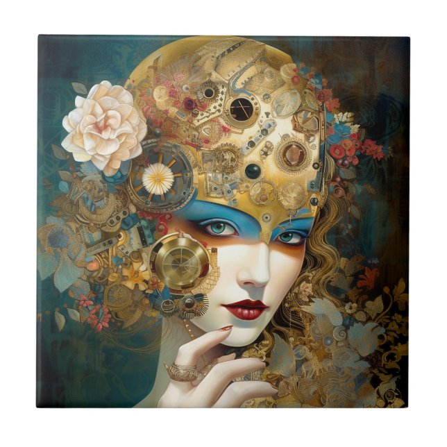 Azulejo Fantasía Mecánica Lady Robótica Sci-Fi (Frente)