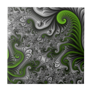 Azulejo Fantasía Mundo Arte Fractal Verde Y Gris Resumen