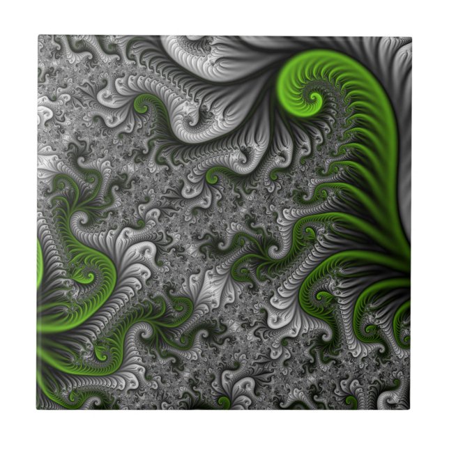 Azulejo Fantasía Mundo Arte Fractal Verde Y Gris Resumen (Frente)