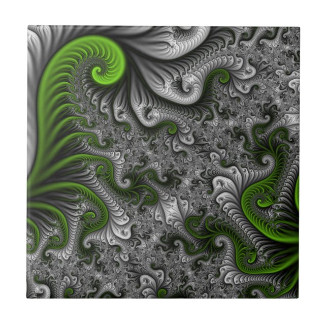 Azulejo Fantasía Mundo Arte Fractal Verde Y Gris Resumen (Frente)