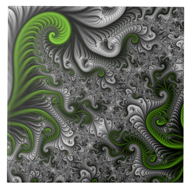 Azulejo Fantasía Mundo Arte Fractal Verde Y Gris Resumen (Frente)