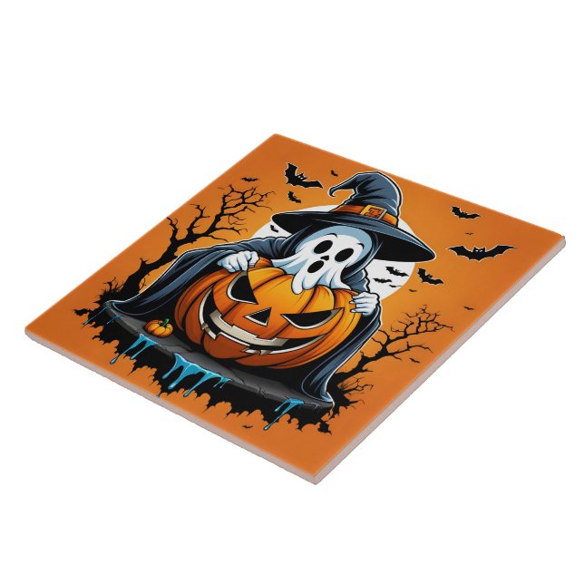 Azulejo Fantasma de Halloween con calabaza bajo un cielo e (Lado)
