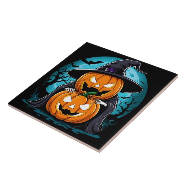 Azulejo Fantasma de Halloween con calabazas bajo la luz de (Lado)