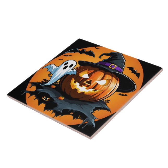 Azulejo Fantasma de Halloween flota junto a una calabaza t (Lado)
