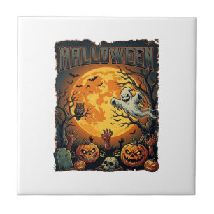 Azulejo Fantasma de Halloween Luna Llena Linternas de Jack