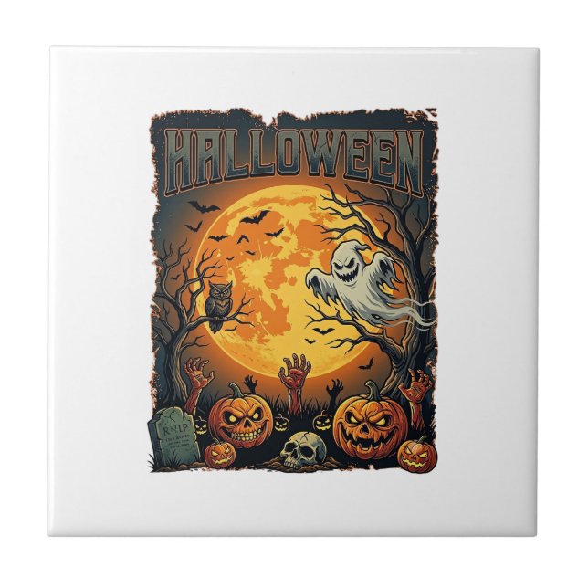 Azulejo Fantasma de Halloween Luna Llena Linternas de Jack (Frente)