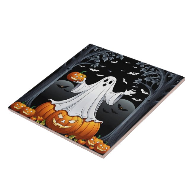Azulejo Fantasma de Halloween rodeada de calabazas y murci (Lado)