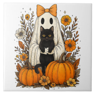 Azulejo Fantasma de Halloween sostiene gato negro