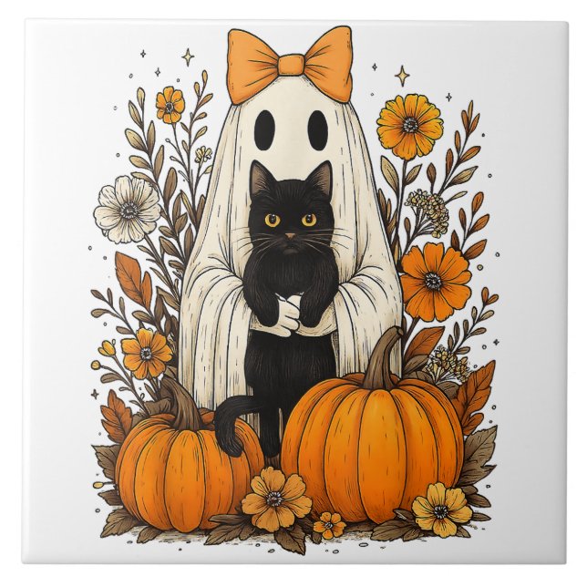 Azulejo Fantasma de Halloween sostiene gato negro (Frente)