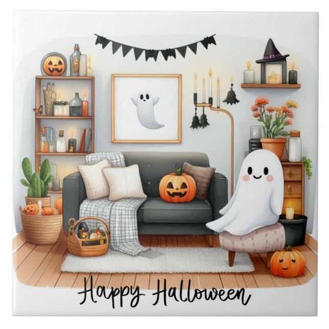 Azulejo Fantasma feliz de Halloween en su casa (Frente)