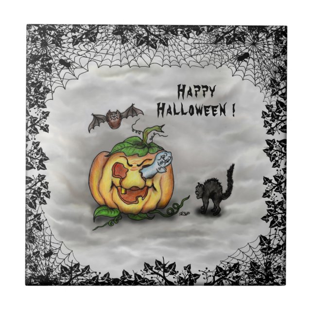 Azulejo Fantasma, Gato, Bat y Calabaza, ¡Feliz Halloween! (Frente)