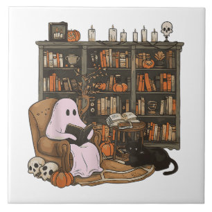 Azulejo Fantasma leyendo libro Amante de los gatos Hallowe