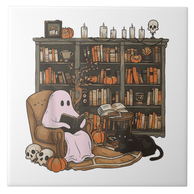 Azulejo Fantasma leyendo libro Amante de los gatos Hallowe (Frente)
