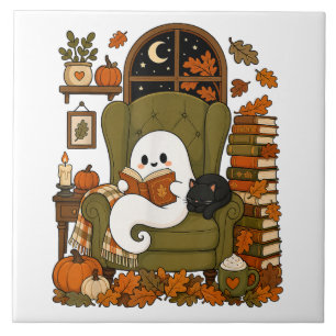 Azulejo Fantasma Lindo Leyendo Libro Gato Negro Otoño Cala