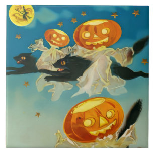 Azulejo Fantasmas de calabaza de Halloween y gatos negros