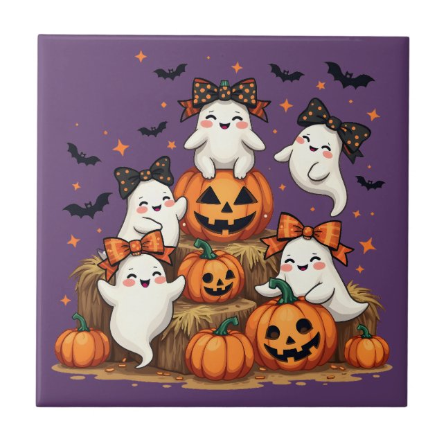 Azulejo Fantasmas De Halloween En Coquette Bows & Pumpkins (Frente)