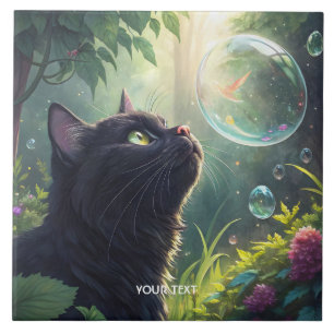 Azulejo Fantasy Cute Black Cat Forest