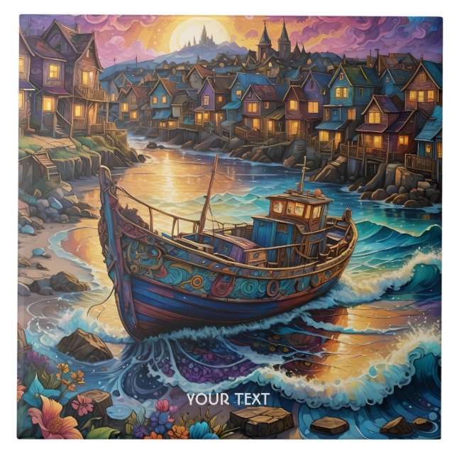 Azulejo Fantasy Cute Bote Village Sunset (Frente)
