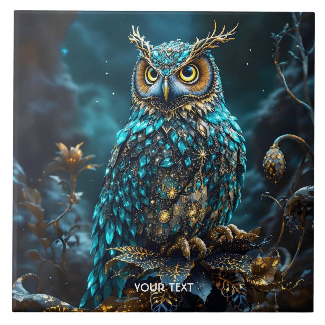 Azulejo Fantasy Cute Brass Turquoise Owl (Frente)