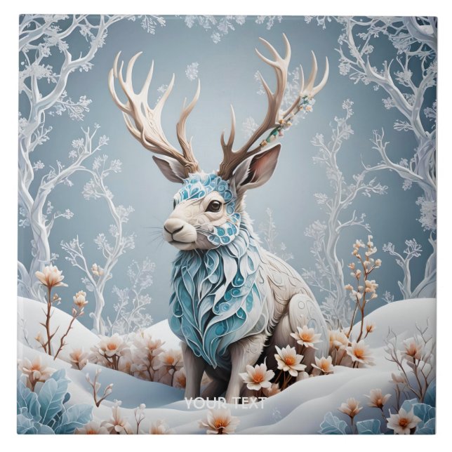 Azulejo Fantasy Cute Jackalope Hielo de Invierno (Frente)