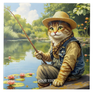 Azulejo Fantasy Cute Lake Cat Pescando