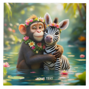 Azulejo Fantasy Cute Monkey Zebra Hug