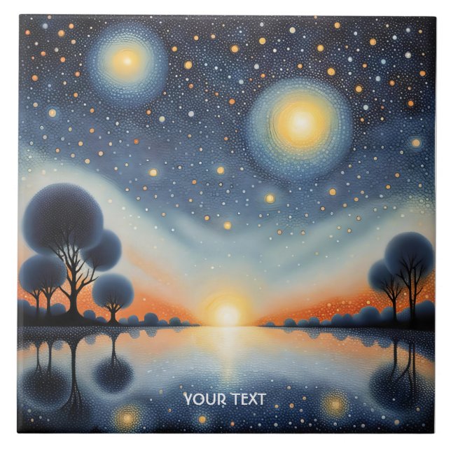 Azulejo Fantasy Cute Pointillist Night Landscape (Frente)