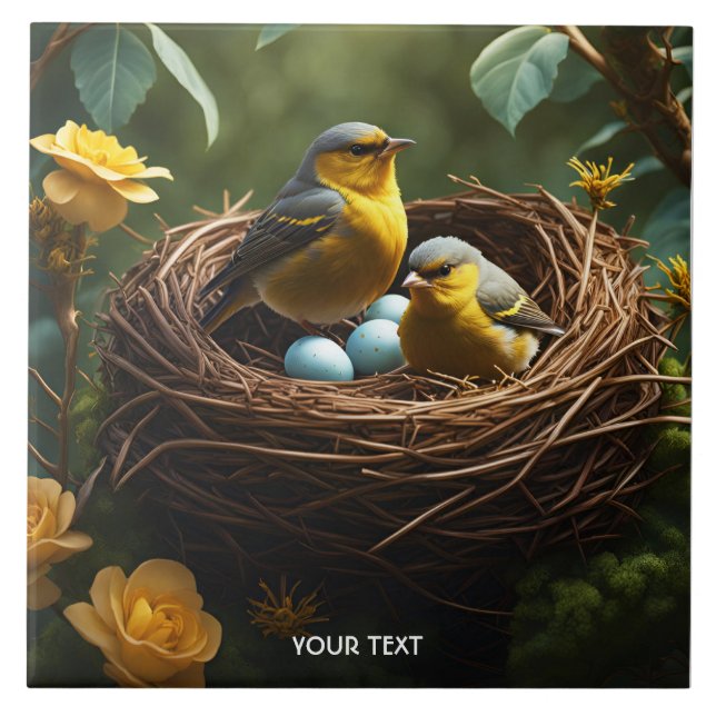 Azulejo Fantasy Cute Vivid Nesting Finches Forest (Frente)