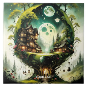 Azulejo Fantasy Cute Vivid Tree House Moon