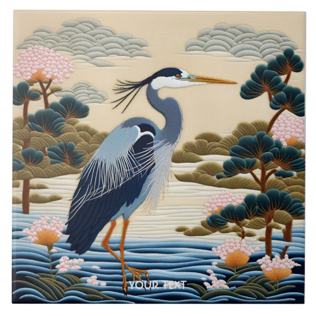 Azulejo Fantasy Cute Viviente Heron Blue japonés (Frente)