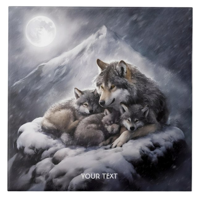 Azulejo Fantasy Cute Wolf Family Winter (Frente)