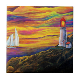 Azulejo Faro al atardecer con velero