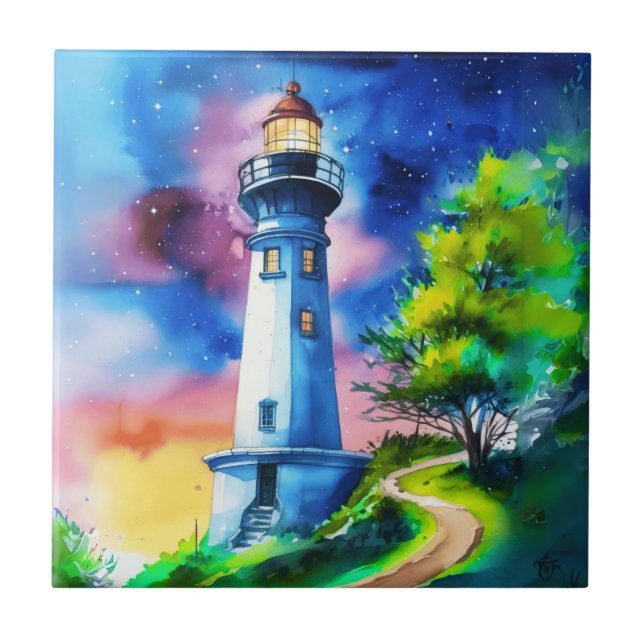 Azulejo Faro bajo un cielo estrellado (Frente)