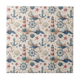 Azulejo Faro, barco y ancla Arte náutico costero del mar