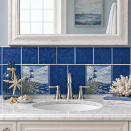 Azulejo Faro Costero Náutico Azul y Blanco 
