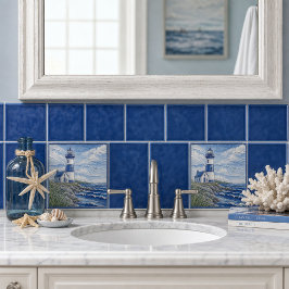 Azulejo Faro Costero Náutico Azul y Blanco