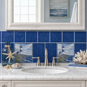 Azulejo Faro Costero Náutico Azul y Blanco 