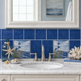 Azulejo Faro Costero Náutico Azul y Blanco 