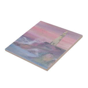 Azulejo Faro de Acantilado Costero con Cielo Rosa