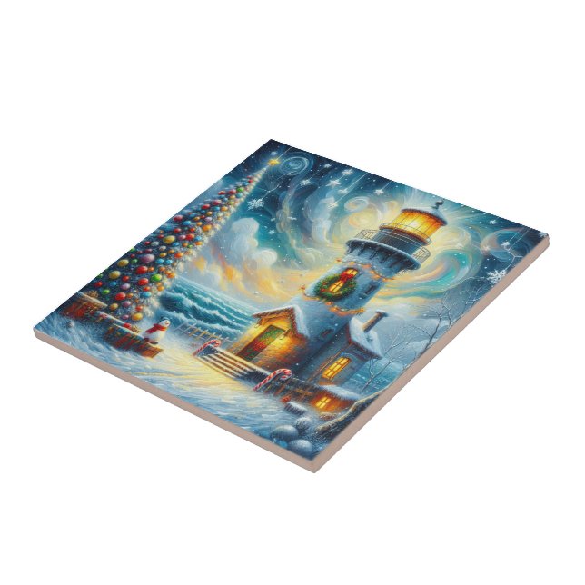 Azulejo Faro de árbol de navidad azul costero náutico (Lado)